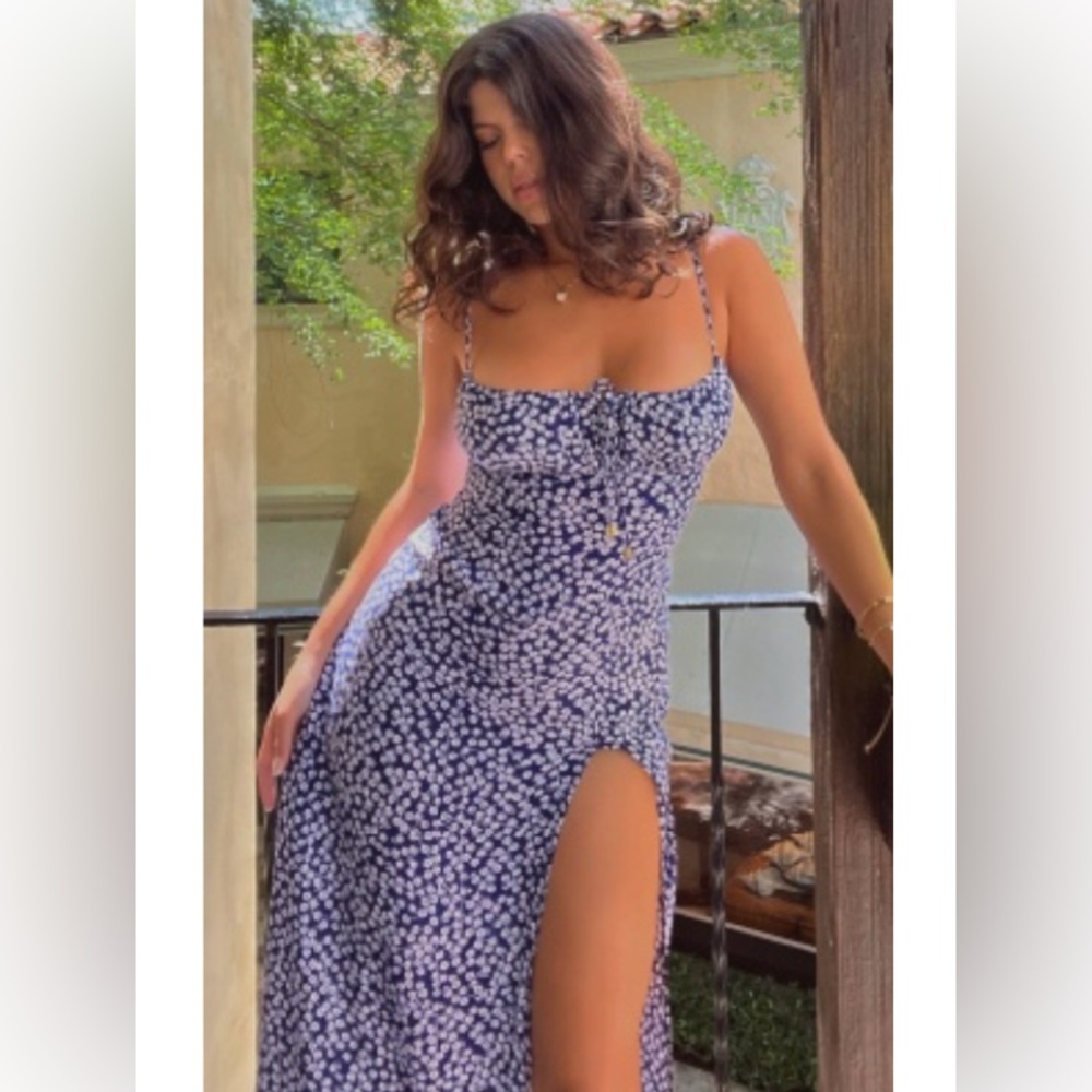 Showpo WILLA MIDI DRESS - RUCHED BUST THIGH SPLIT DRESS IN BLUE FLORAL